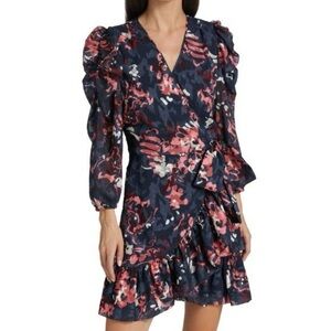 Tanya Taylor Sasha Floral Print Mini Dress Ruffled Wrap Belted Jacquard 0